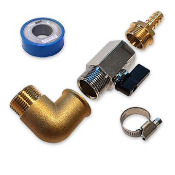 Tankanschluss Set Messing 90° gewinkelt: 3/4 Zoll Winkel, Kugelhahn und Schlauchtülle für 13 mm Schlauch