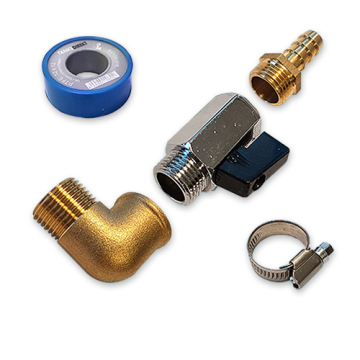 Tankanschluss Set Messing 90° gewinkelt: 1/2 Zoll Winkel, Kugelhahn und Schlauchtülle für 13 mm Schlauch