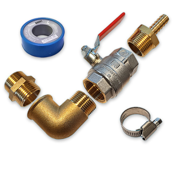 Tankanschluss Set Messing 90° gewinkelt: 1 Zoll Winkel, Kugelhahn und Schlauchtülle für 13 mm Schlauch