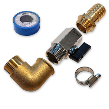 Tankanschluss Set Messing 90° gewinkelt: 3/4 Zoll Winkel, Kugelhahn und Schlauchtülle für 25 mm Schlauch