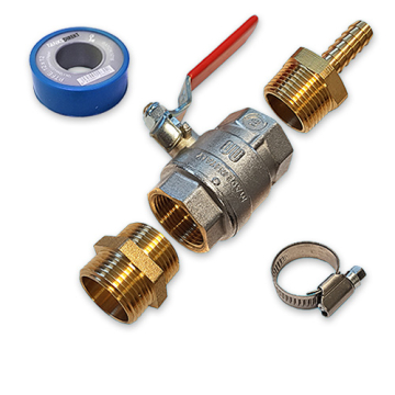 Tankanschluss Set Messing gerade: 1 Zoll Kugelhahn und Schlauchtülle für 13 mm Schlauch