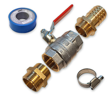 Tankanschluss Set Messing gerade: 1 Zoll Kugelhahn und Schlauchtülle für 25 mm Schlauch